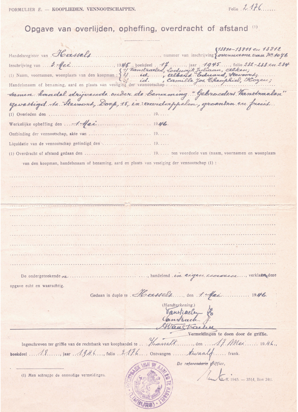 17/05/1946 - Inschrijving in het HR